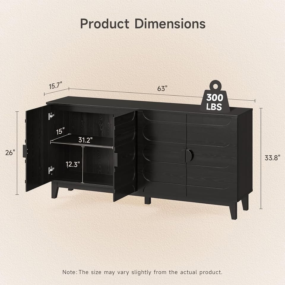 63" Modern Buffet Cabinet - Black w/ Rounded Panel Doors