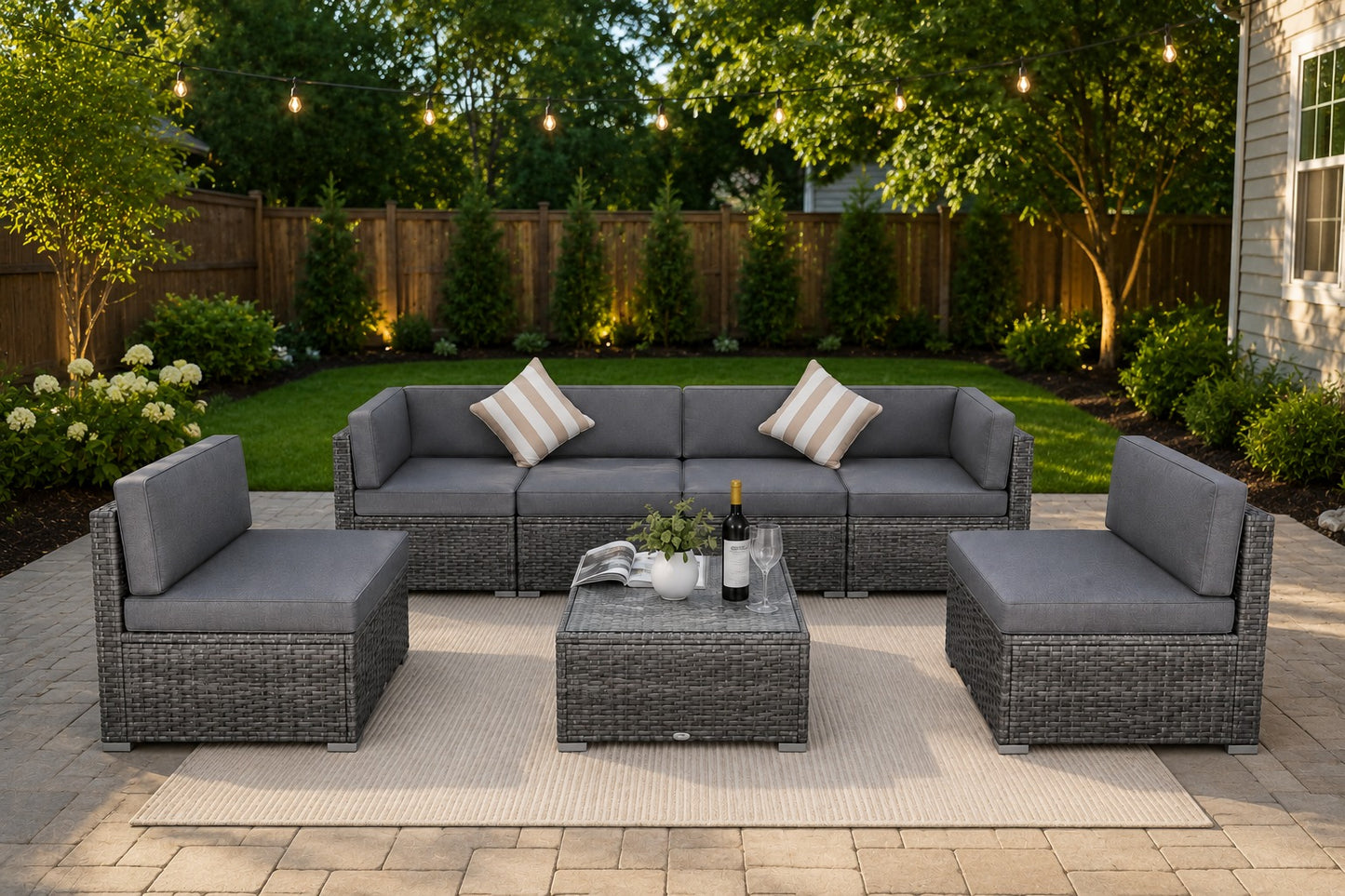 7-Piece Outdoor Patio Sectional Sofa Set – Modular PE Grey Wicker w/ Grey Cushions + Glass Coffee Table