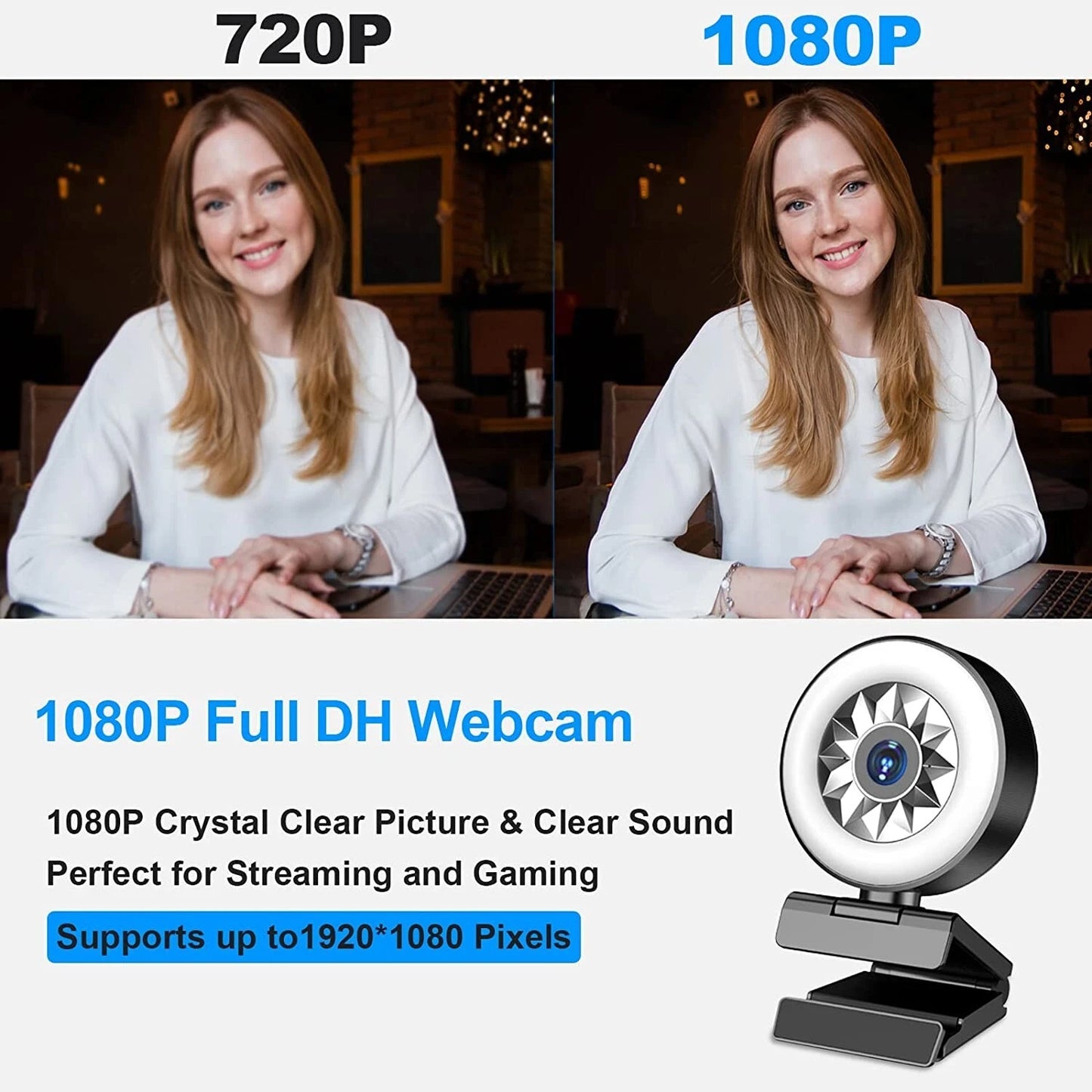 1080P Webcam with Ring Light, Tripod & Autofocus