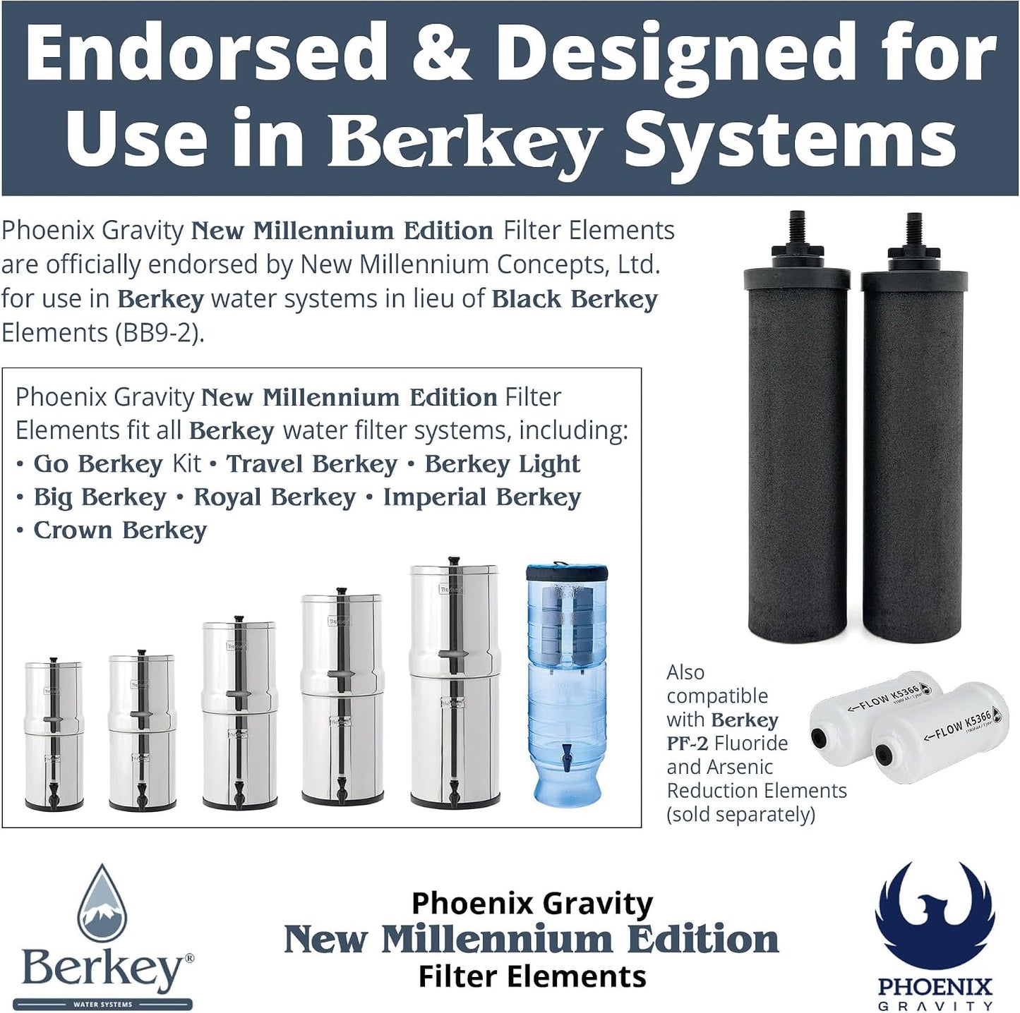 Combo Pack - 2 Berkey PF-2 Fluoride and Arsenic Reduction Elements + 2 NSF 42/372 Certified Phoenix Gravity New Millennium Edition Filter Elements