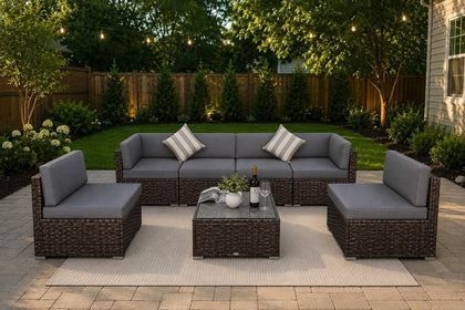 7-Piece Outdoor Patio Sectional Sofa Set – Modular PE Wicker w/ Grey Cushions + Glass Coffee Table