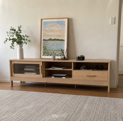 Modern Oak TV Stand with Acrylic Sliding Doors - Fits Up to 75" TV