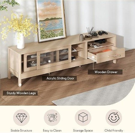 Modern Oak TV Stand with Acrylic Sliding Doors - Fits Up to 75" TV