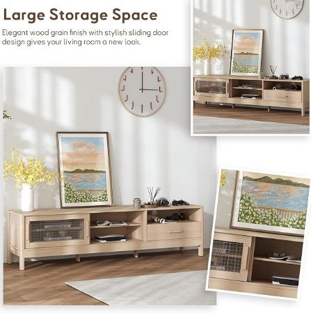 Modern Oak TV Stand with Acrylic Sliding Doors - Fits Up to 75" TV