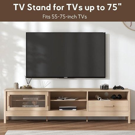 Modern Oak TV Stand with Acrylic Sliding Doors - Fits Up to 75" TV