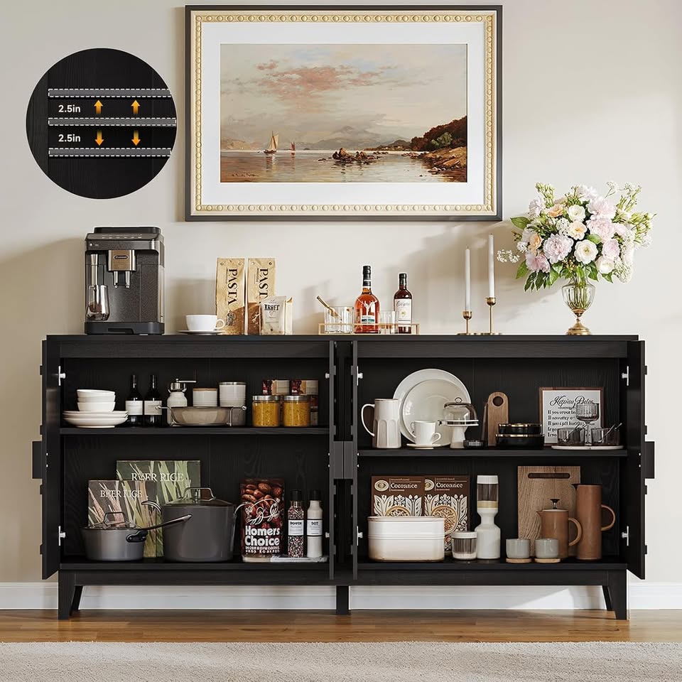 63" Modern Buffet Cabinet - Black w/ Rounded Panel Doors