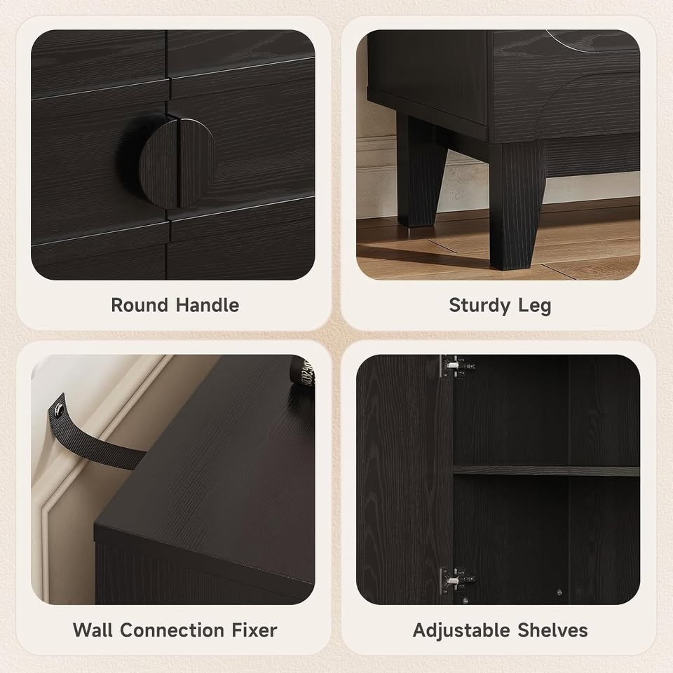 63" Modern Buffet Cabinet - Black w/ Rounded Panel Doors