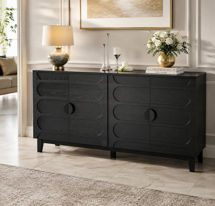 63" Modern Buffet Cabinet - Black w/ Rounded Panel Doors