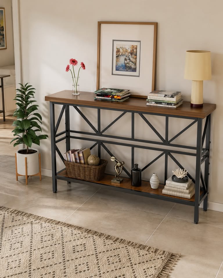 47" Narrow Console Table - X-Frame Industrial Style - Entryway/Sofa Table