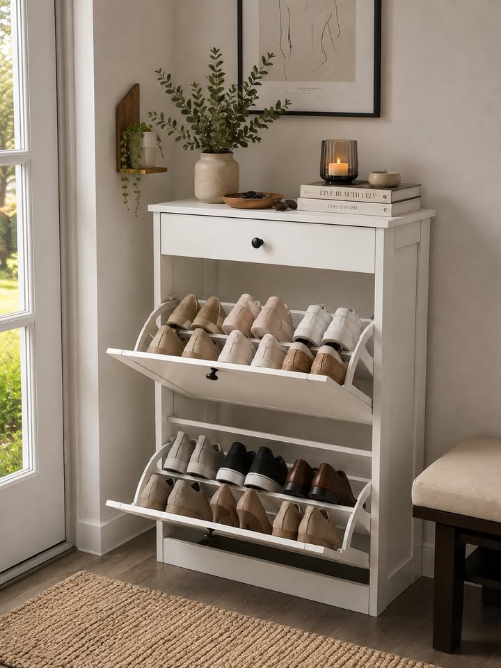 Slim Shoe Storage Cabinet - Hides 10 Pairs, Pet-Proof - White
