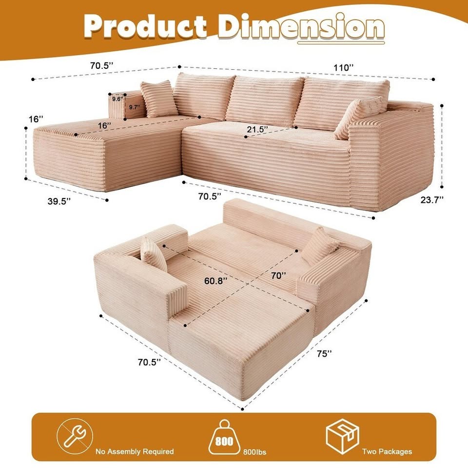 L-Shaped Modular Corduroy Sectional Sofa with Chaise - Sleeper Sofa Bed