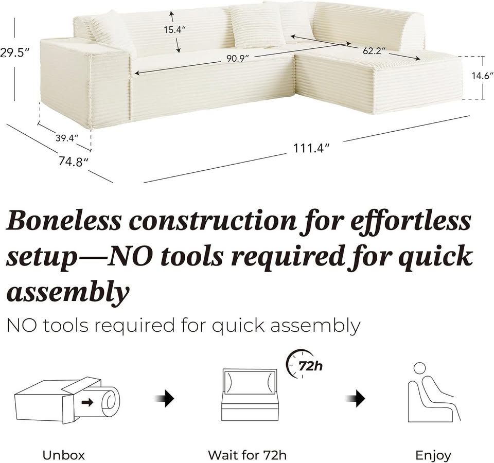 CHITA 112" Cream Corduroy L-Shaped Sectional