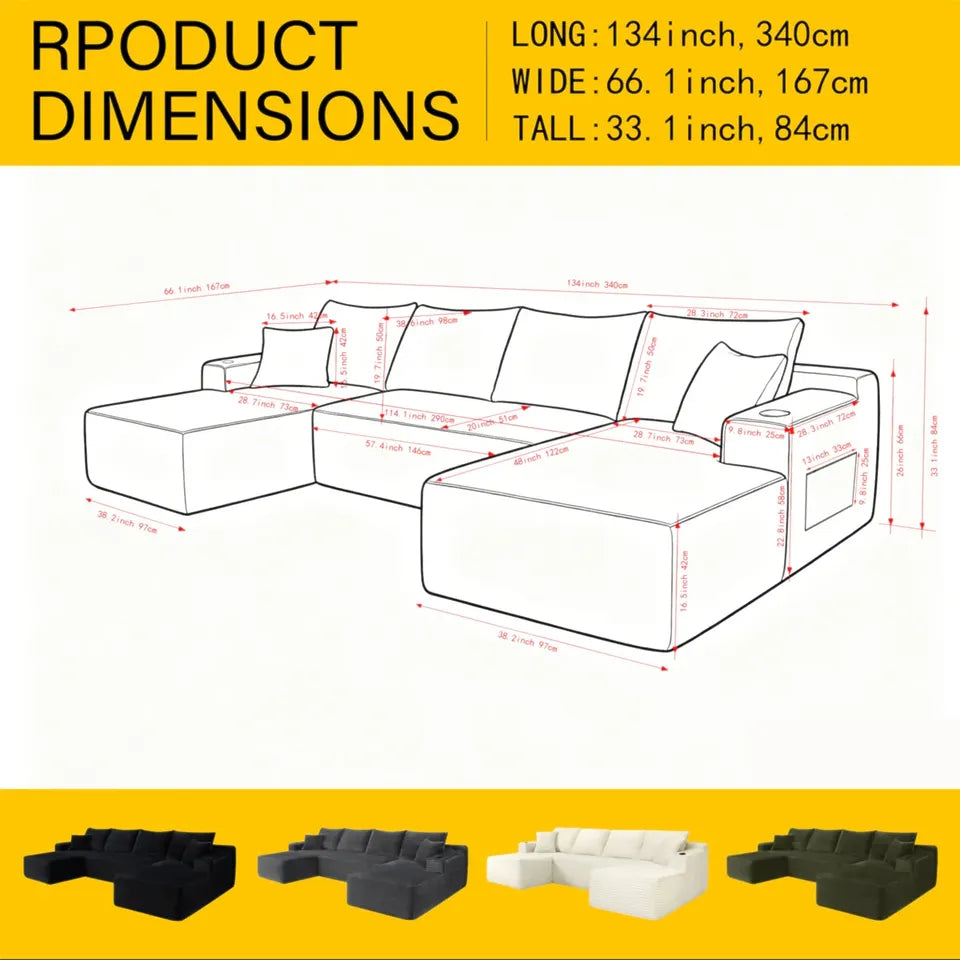 134" Cloud Sectional Sofa with U-Shape Chaise