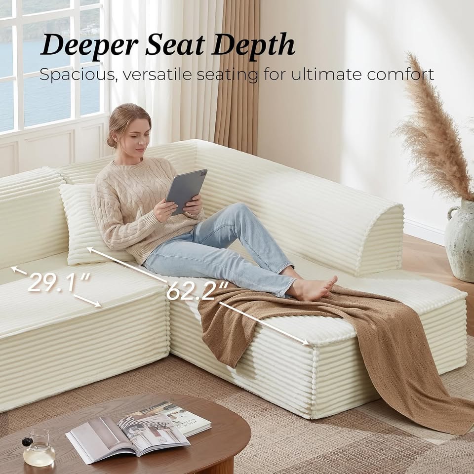 CHITA 112" Cream Corduroy L-Shaped Sectional