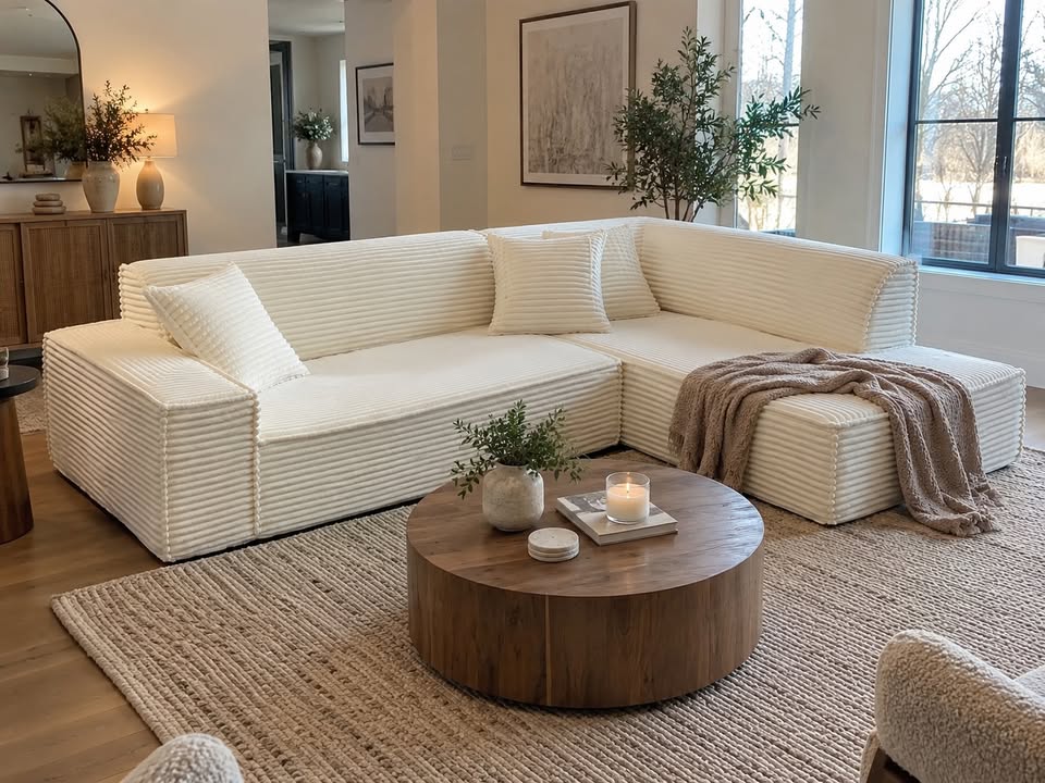 CHITA 112" Cream Corduroy L-Shaped Sectional