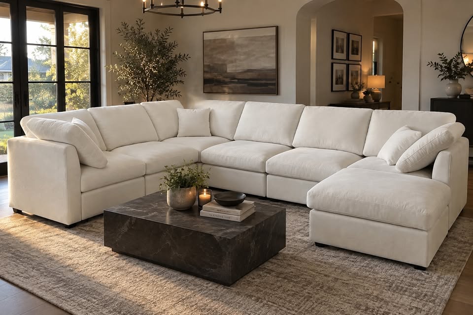 Beige Modular L-Shaped Sectional with Ottoman