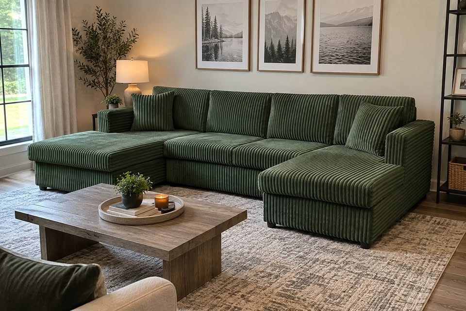 123" Green Corduroy U-Shape Sectional Sofa