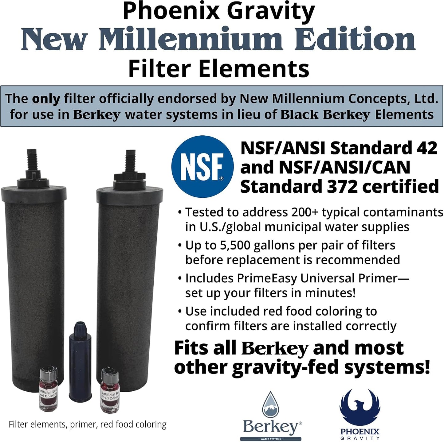 Combo Pack - 2 Berkey PF-2 Fluoride and Arsenic Reduction Elements + 2 NSF 42/372 Certified Phoenix Gravity New Millennium Edition Filter Elements