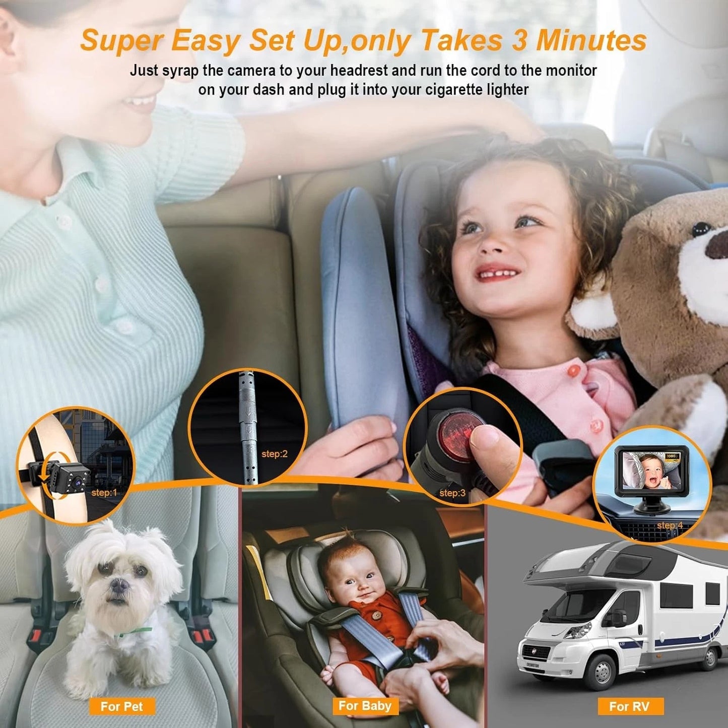 Baby Car Camera, 4.3" HD Night Vision Car Baby Monitor with Camera, Safety Seat