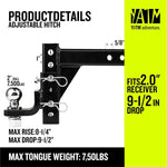 Adjustable Trailer Hitch 2 Inch Receiver Drop Hitch 9 1/2 Inch Drop Rise YATM