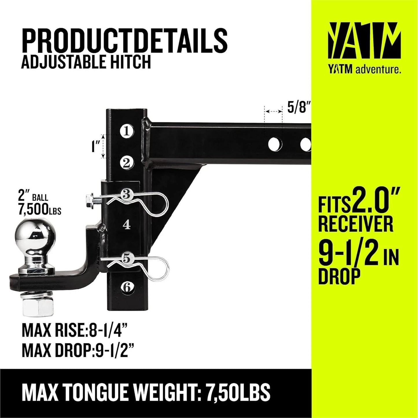 Adjustable Trailer Hitch 2 Inch Receiver Drop Hitch 9 1/2 Inch Drop Rise YATM
