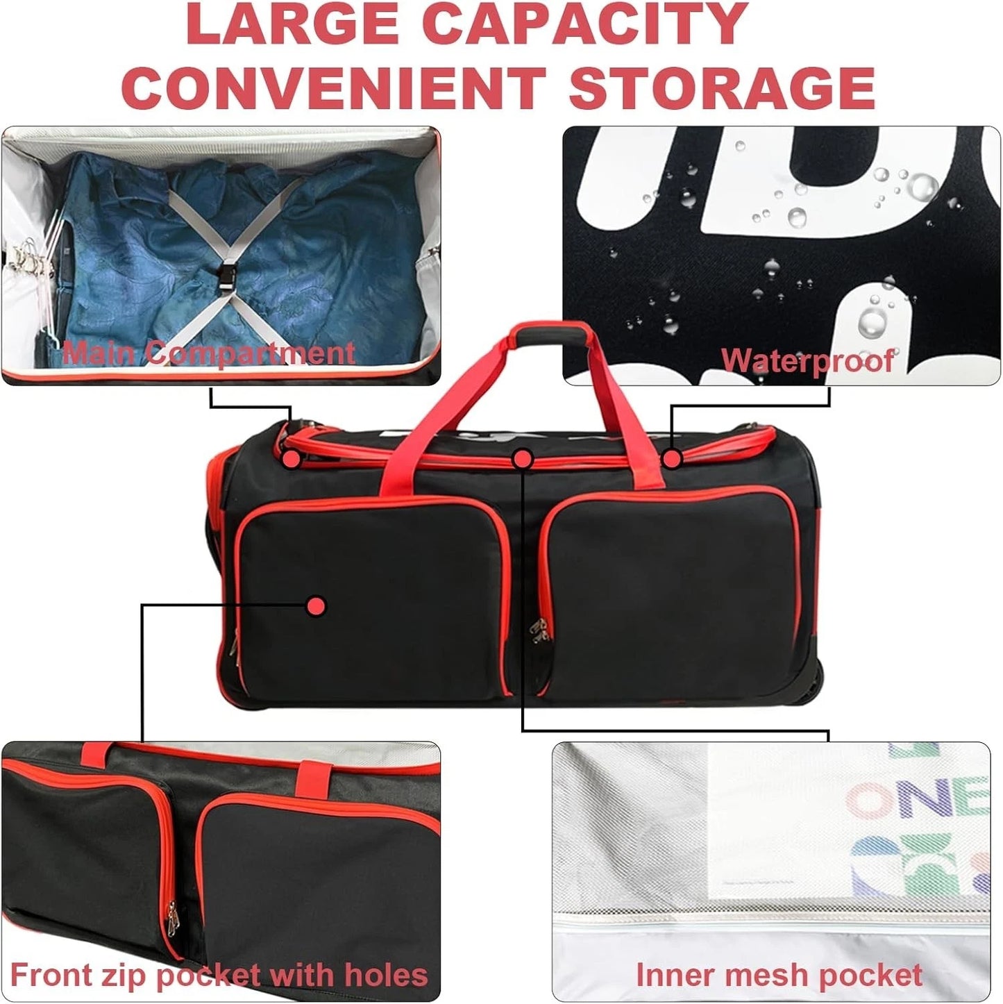 28 Inch Dance Bag with Garment Rack Rolling Duffel Wheels for Travel Black