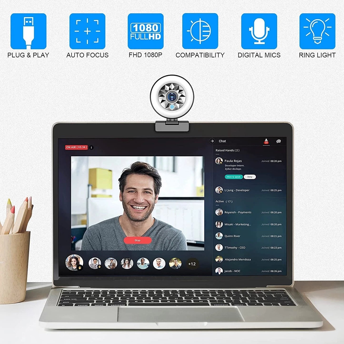 1080P Webcam with Ring Light, Tripod & Autofocus