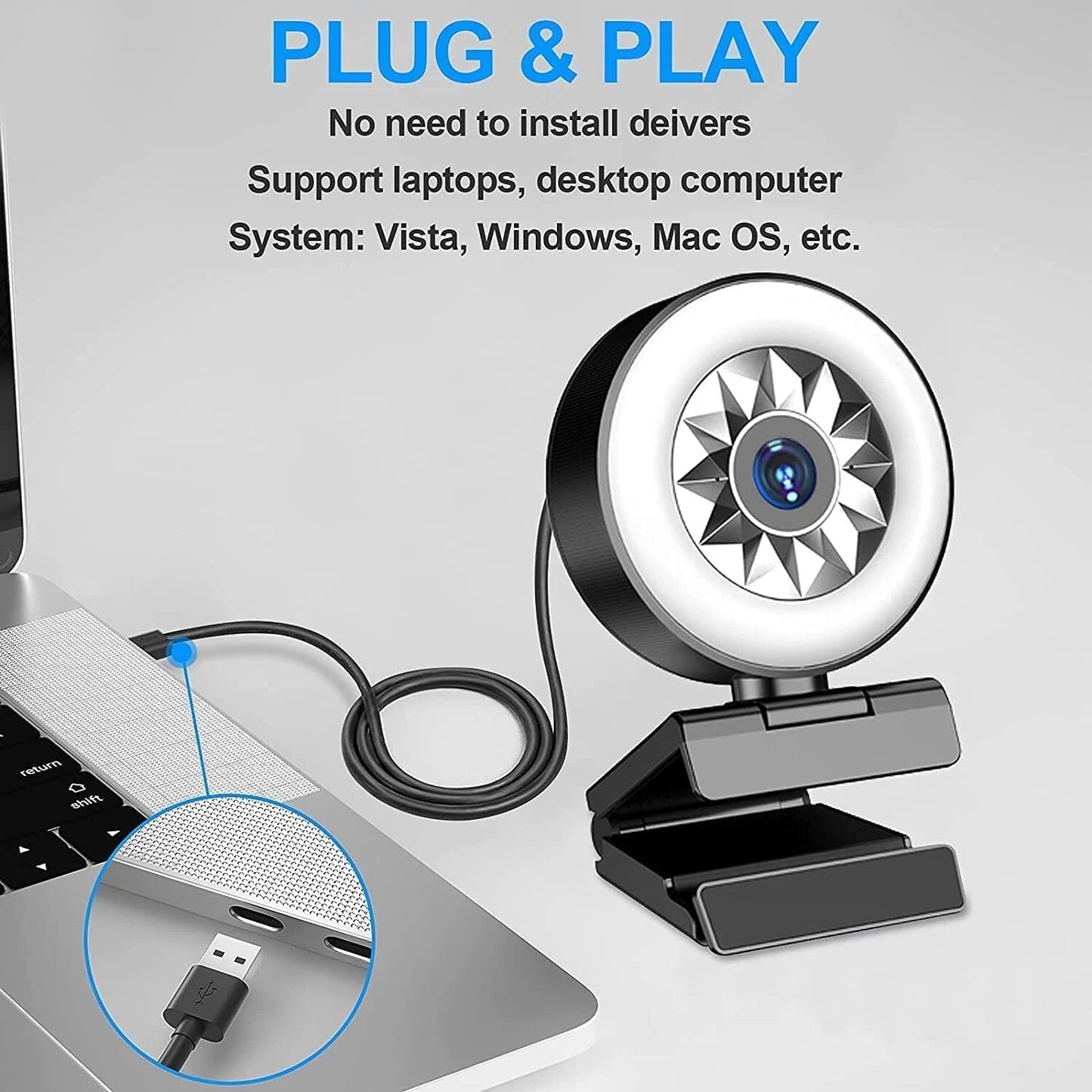 1080P Webcam with Ring Light, Tripod & Autofocus