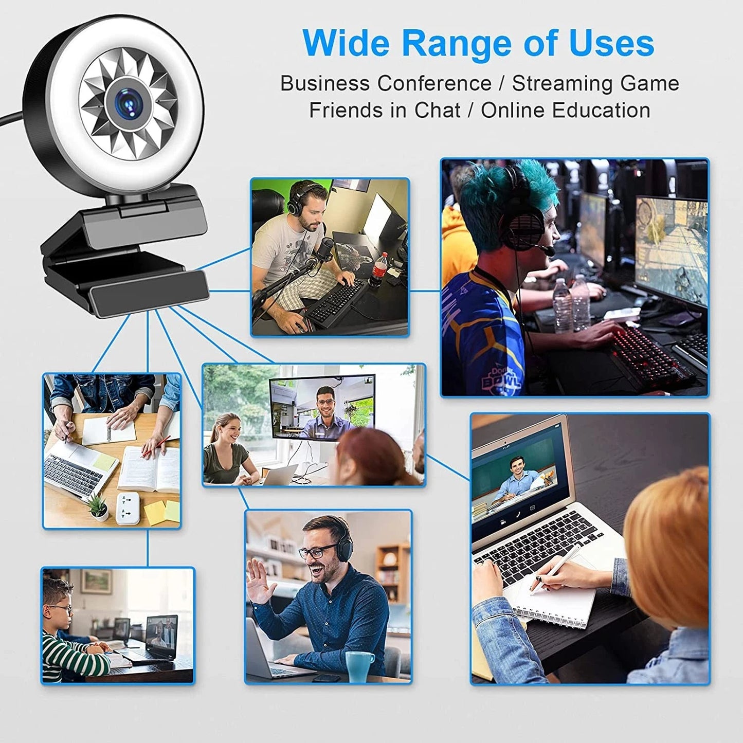 1080P Webcam with Ring Light, Tripod & Autofocus
