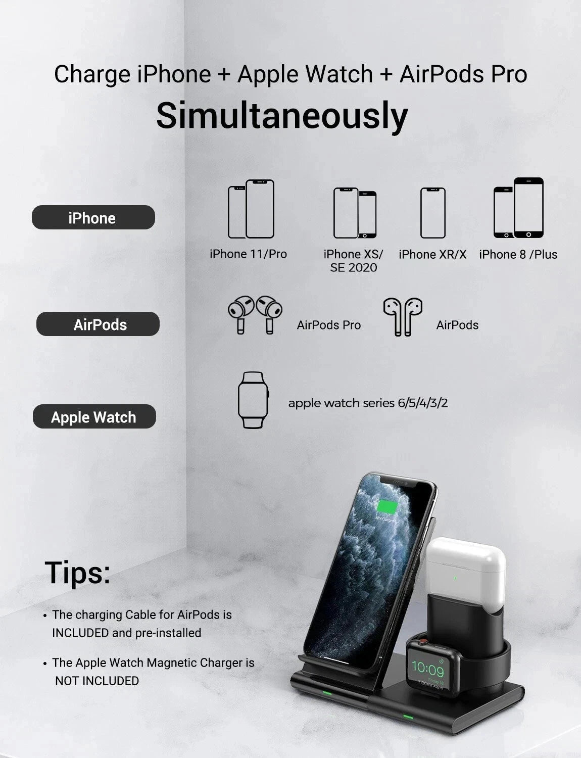 3 In 1 Wireless Charger Station Fast Charging Dock Apple Watch Air Pods iPhone
