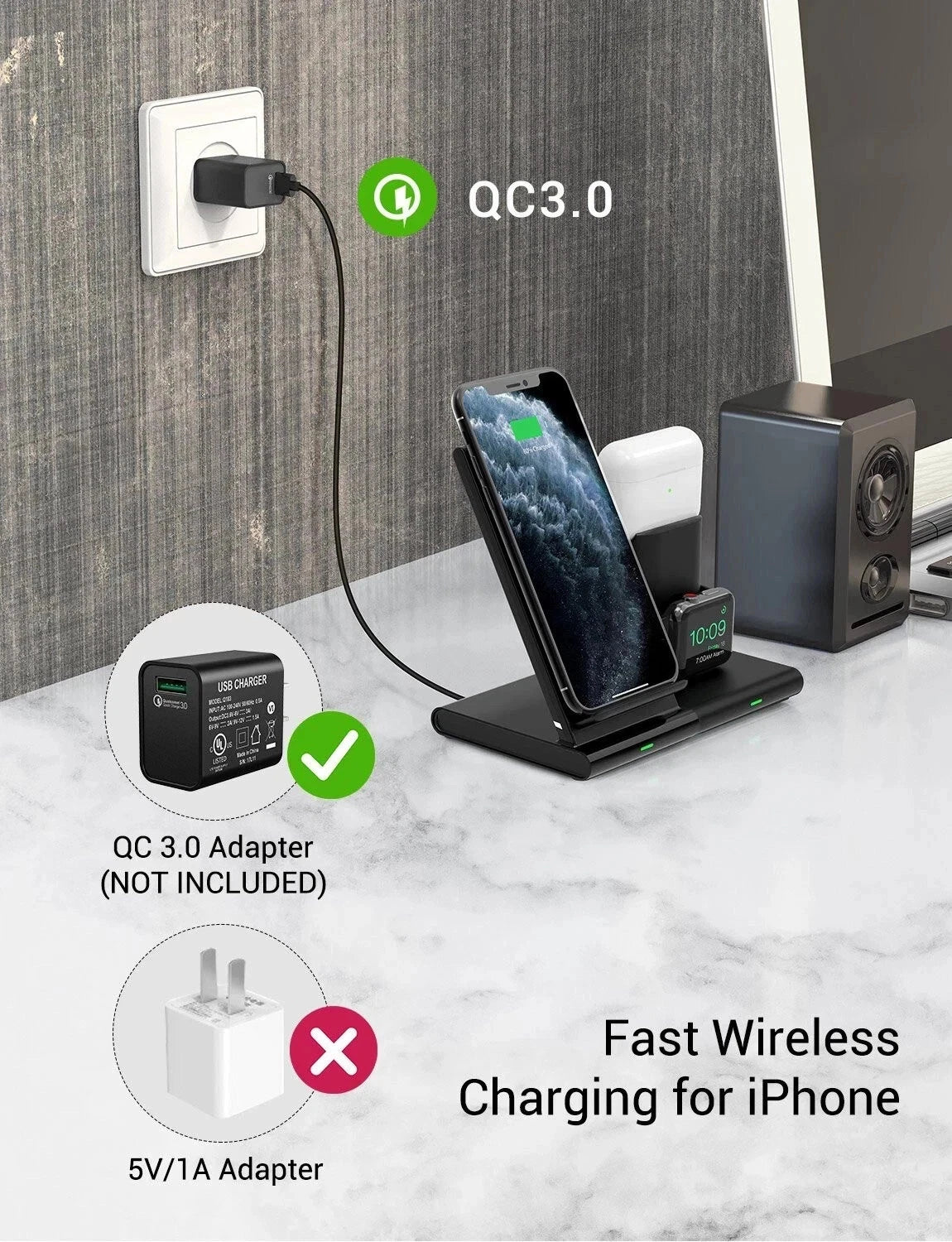 3 In 1 Wireless Charger Station Fast Charging Dock Apple Watch Air Pods iPhone