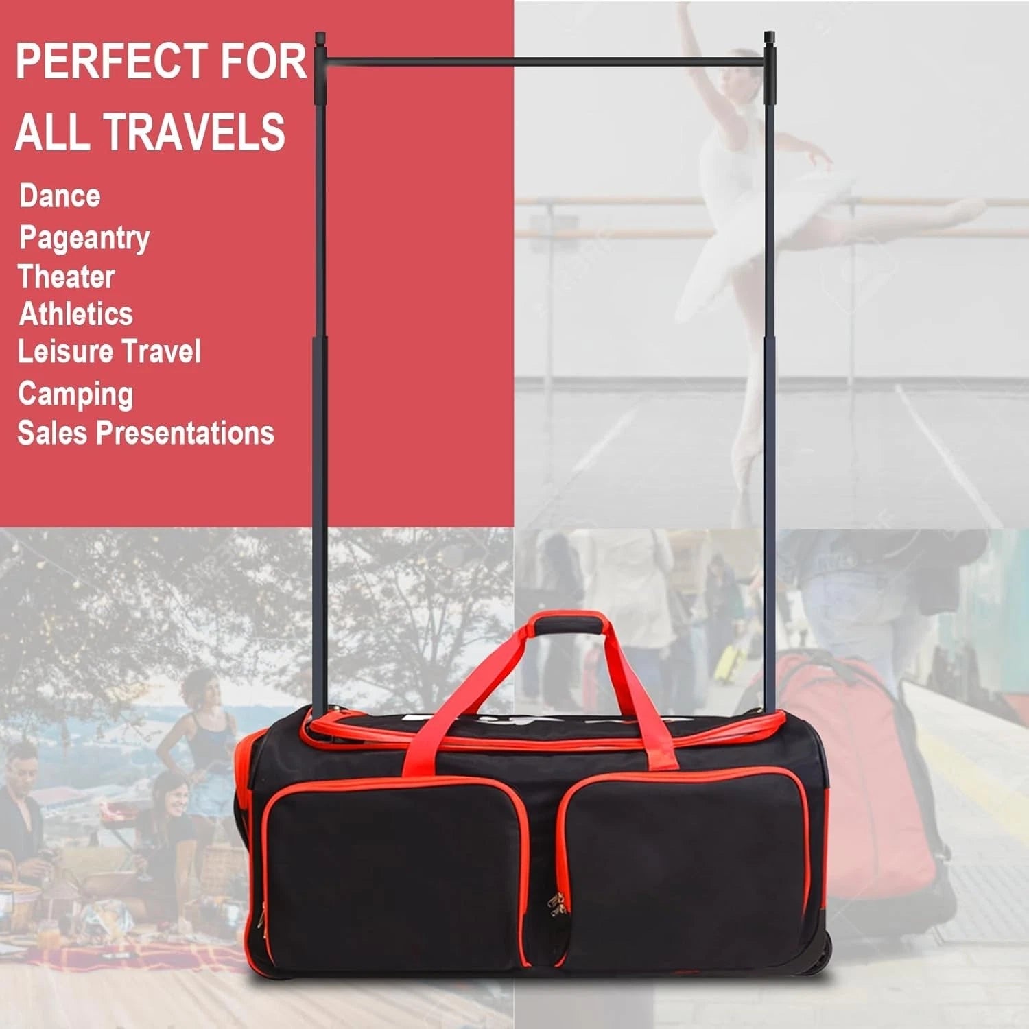 28 Inch Dance Bag with Garment Rack Rolling Duffel Wheels for Travel Black